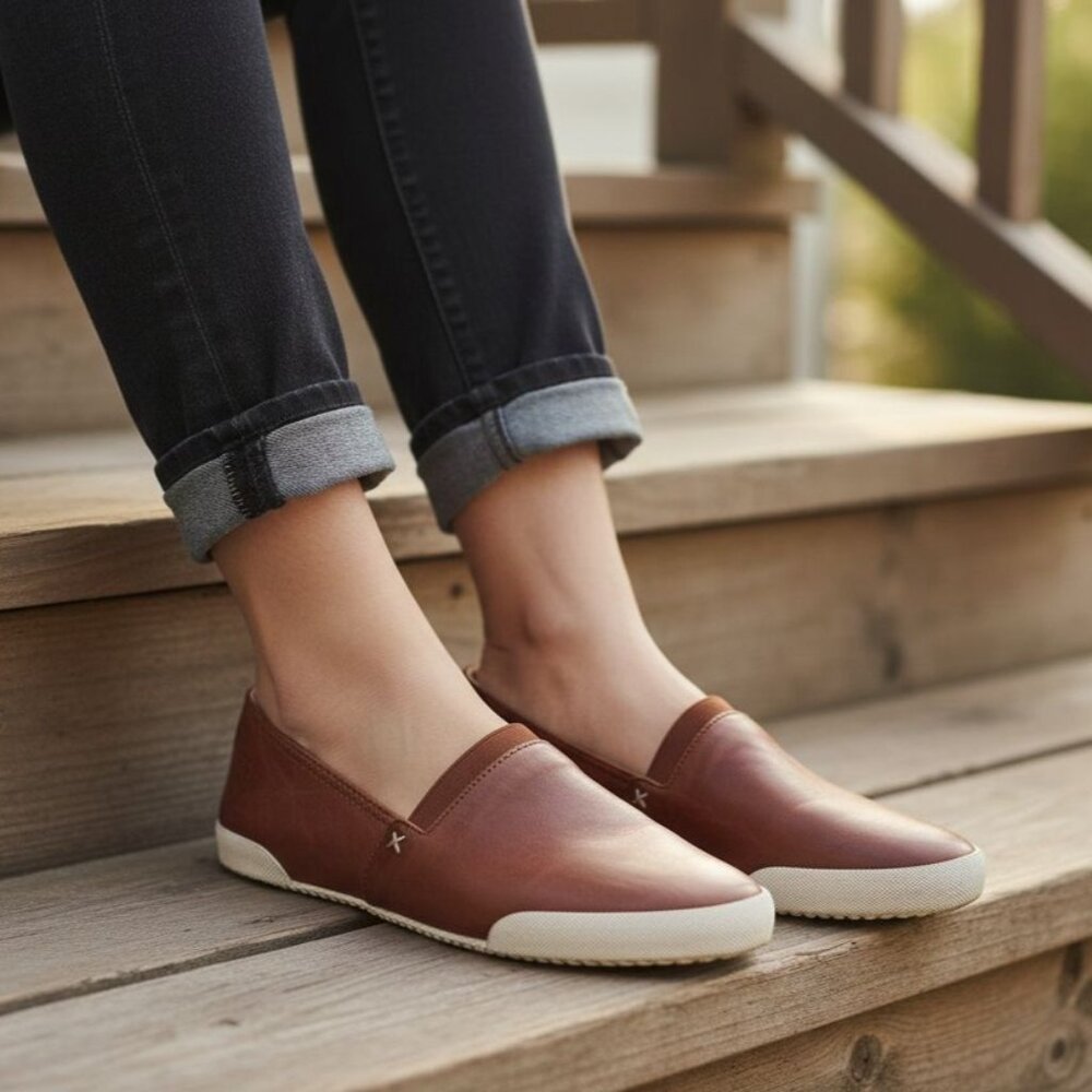 Frye 8.5 Melanie Women Slip on Shoes Cognac Antique Soft Vintage Leather Loafers